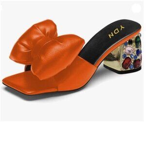 YDN Women Rhinestone Block Heeled Mule Sandals Open Toe Slip On Slipper Orange